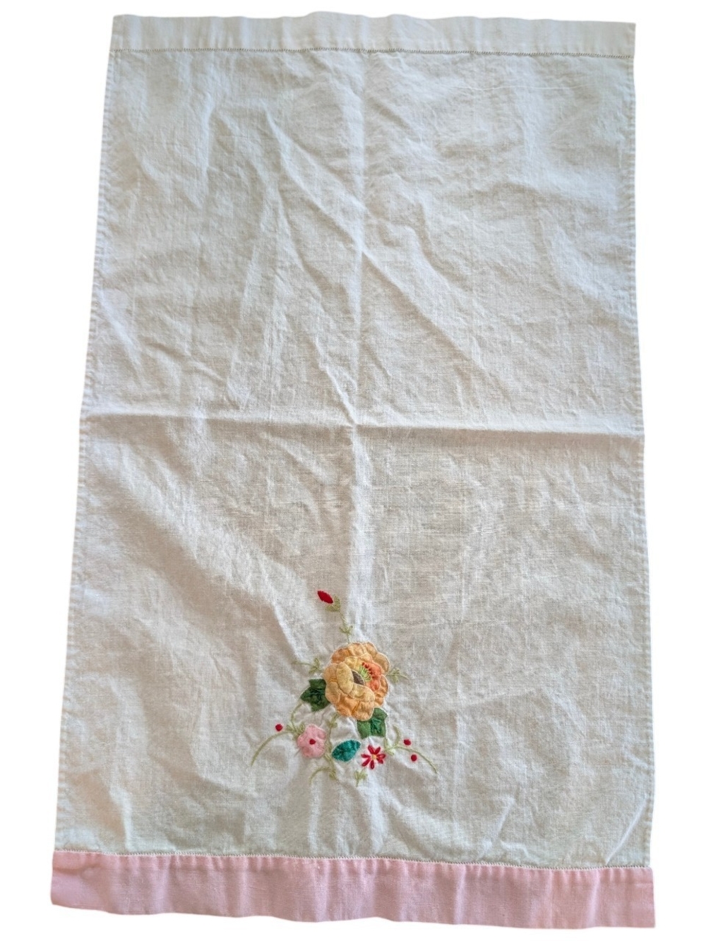 Linen Tea Towel with Pink Trim and Floral Embroidery